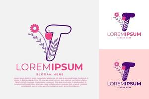 brev t logotyp design vektor mall illustration med blommor