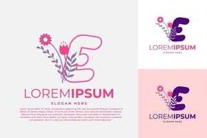 brev e logotyp design vektor mall illustration med blommor