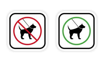 husdjur i koppel promenadzon förbjudet piktogram. förbjud gå hund svart siluett ikon. tillåt promenad djur röd symbol. tillstånd att promenera sällskapsdjur promenadområde grön cirkel skylt. isolerade vektor illustration.