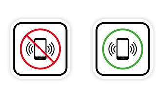 cell telefon förbjuda zon plats röd förbjuden runda tecken. mobil telefon ring upp svart silhuett ikon uppsättning. använda sig av smartphone tillåten område grön symbol. varning snälla du do inte tala. isolerat vektor illustration.