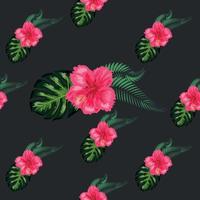 tropisk hibiskus blommor och handflatan löv buketter sömlös mönster vektor