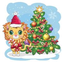 glad jul och Lycklig ny år. rolig lejon i röd hatt med gåva i tecknad serie stil. hälsning kort. vektor