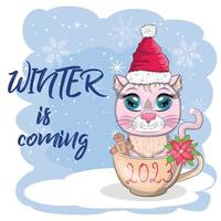 niedliche Cartoon-Katze in einer Weihnachtsmütze auf einem Hintergrund aus Schnee. winter 2023, weihnachten und chinesisches neujahr. vektor