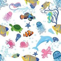 marin liv, fisk, djur ljus sömlös mönster. hav resa, under vattnet dykning djur- tropisk fisk. manet, val, haj, sjöhäst, clown fisk, delfin, sköldpadda, kejsare vektor