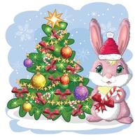 söt tecknad serie kanin i jultomten hatt nära de dekorerad jul träd. vinter- 2023, jul och ny år vektor