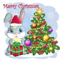 söt tecknad serie kanin i jultomten hatt nära de dekorerad jul träd. vinter- 2023, jul och ny år vektor