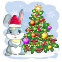süßer Cartoon-Hase in Santa's Hut in der Nähe des geschmückten Weihnachtsbaums. Winter 2023, Weihnachten und Neujahr vektor