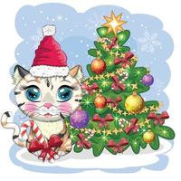 süße karikaturkatze in der weihnachtsmütze nahe dem geschmückten weihnachtsbaum. winter 2023, weihnachten und chinesisch neu vektor