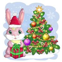 süßer Cartoon-Hase in Santa's Hut in der Nähe des geschmückten Weihnachtsbaums. Winter 2023, Weihnachten und Neujahr vektor