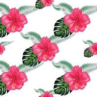 Nahtloses Muster mit tropischen Blättern, Hibiskusblüten vektor