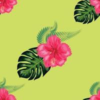 sömlös mönster med tropisk löv, hibiskus blommor vektor