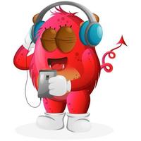 vektor söt röd monster lyssnande musik på en smartphone använder sig av en hörlurar