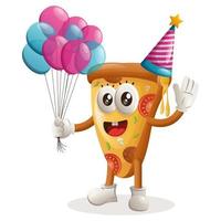 söt pizza maskot bär en födelsedag hatt, innehav ballonger vektor