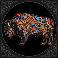 färgrik bison mandala konst isolerat på svart bakgrund vektor