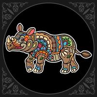 färgrik noshörning mandala konst isolerat på svart bakgrund vektor