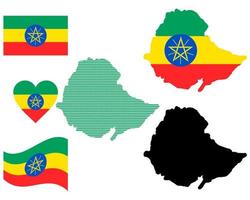 Kartenflagge und Symbol Äthiopiens auf weißem Hintergrund vektor