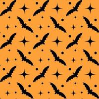 halloween nahtloses muster mit schwarzen fledermäusen und retro-sternen auf orange hintergrund. für Geschenkpapier, Stoffdruck, Grußkartendesign vektor