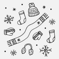 Winterkritzeleien. satz von winterwarmen kleidungsstücken, die von liner handgezeichnet werden. das set beinhaltet mütze, schal, socken, fäustlinge, pelz-winter-ohrenschützer und schneeflocken. Vektorillustration im Cartoon-Doodle-Stil. vektor