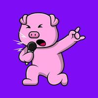 niedliches schwein, das mit mikrofon-cartoon-vektor-symbol-illustration singt. flaches karikaturkonzept vektor