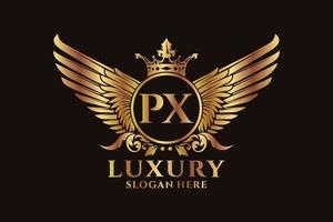 luxus königlicher flügelbuchstabe px wappengoldfarbe logovektor, siegeslogo, wappenlogo, flügellogo, vektorlogovorlage. vektor