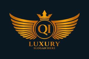 luxus königlicher flügelbuchstabe qi wappengoldfarbe logovektor, siegeslogo, wappenlogo, flügellogo, vektorlogovorlage. vektor
