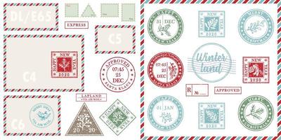 satz von vintage-vorlage luftpost postkarte und umschlag. Textur-Grunge-Weihnachtsstempelgummi mit Feiertagssymbolen in traditionellen Farben. Platz für Ihren Grußtext