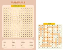 tryckbar ord Sök pussel. roligt ordförråd kalkylblad för inlärning engelsk ord. hitta dold ord. fest kort. pedagogisk spel för unge och vuxen. däggdjur tema. vektor