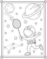 süßer astronaut, der badminton im weltraum spielt, geeignet für kinderfarbseiten-vektorillustration vektor