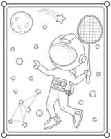 süßer astronaut, der badminton im weltraum spielt, geeignet für kinderfarbseiten-vektorillustration vektor