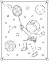 süßer astronaut, der badminton im weltraum spielt, geeignet für kinderfarbseiten-vektorillustration vektor