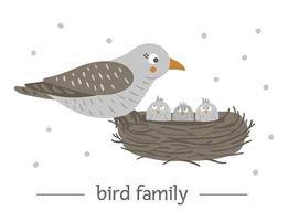 Vektor handgezeichneter flacher Vogel, der mit Eiern auf dem Nest sitzt. lustige Waldtierszene, die Familienliebe zeigt. niedliche waldtierische illustration für kinderdesign, druck, briefpapier