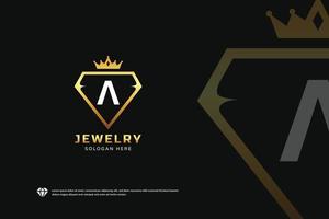 Smycken logotyp affär kreativ design. diamant kung logotyp mall, varumärke identitet emblem, gyllene mönster begrepp vektor