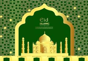 gyllene och grön Färg eid firande bakgrund med moské vektor