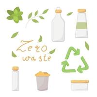 Null-Abfall-Konzept. Lifestyle, umweltfreundliche Glasflaschen mit Holzverschlüssen. Recycling. Vektor