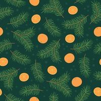 sömlös mönster med tall kvistar och apelsiner på grön bakgrund. Bra för tyg, tapet, förpackning, textil, webb design. vektor