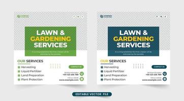 einfacher rasenmäher geschäftsförderung social media post vektor. rasenpflege und landschaftsgestaltung werbe-web-banner-design. Gartenservice-Vorlage für soziale Medien mit blauen und grünen Farben. vektor