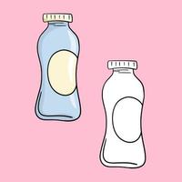 eine reihe von illustrationen, eine kleine plastikflasche für milch, joghurt, ein kopierraum, eine vektorillustration im cartoon-stil auf einem farbigen hintergrund vektor