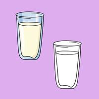 en uppsättning av illustrationer, en lång glas glas med en dryck, mjölk, juice, en vektor i tecknad serie stil på en färgad bakgrund