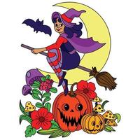 häxa flygande på en kvast på månsken trollkarl lady med fladdermus och blomma pumpa halloween färg vektor