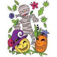 gruseliger halloween-mumie umwickelter verbandmann und hexenhut auf kürbisblumen, die illustration färben vektor