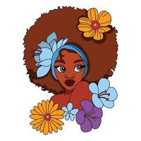 en skön svart afrikansk flicka med flätor puffar frisyr med några blommor färg illustration vektor