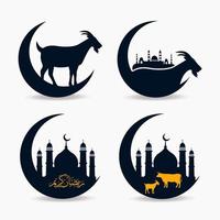 eid al Adha mubarak design logotyp. islamic bakgrund med get och moské vektor