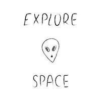 Doodle-Kosmos-Illustration im kindlichen Stil. handgezeichnete Weltraumkarte mit Schriftzug Explore, Alien. Schwarz und weiß vektor