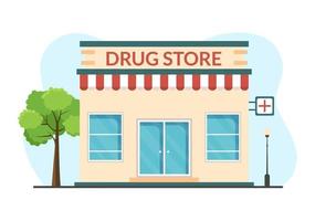 drogerie-vorlage handgezeichneter cartoon flacher illustrationsshop für den verkauf von drogen, apotheker, medizin, kapseln und flasche vektor
