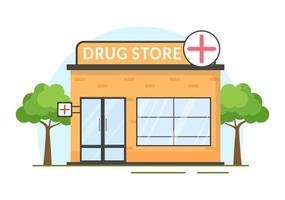 läkemedel Lagra mall hand dragen tecknad serie platt illustration affär för de försäljning av läkemedel, en apotekare, medicin, kapslar och flaska vektor