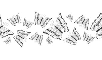 Nahtloses Grenzbanner mit abstrakter schwarzer Silhouette von niedlichen fliegenden Schmetterlingen isoliert auf weißem Hintergrund für Zierband vektor