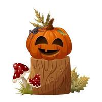 Halloween-Kürbis mit einem lustigen Gesicht auf einem Baumstumpf. neben Spinne, Herbstlaub und Fliegenpilz. Cartoon-Vektor-Illustration vektor