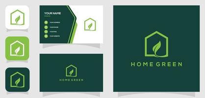 vektor grafisk av Hem grön, blad hus, minimalistisk logotyp design med företag kort mall