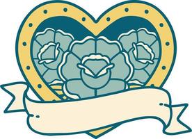 ikoniska tatuering stil bild av en hjärta och baner med blommor vektor