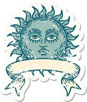 abgenutzter alter Aufkleber mit Banner einer Sonne mit Gesicht vektor